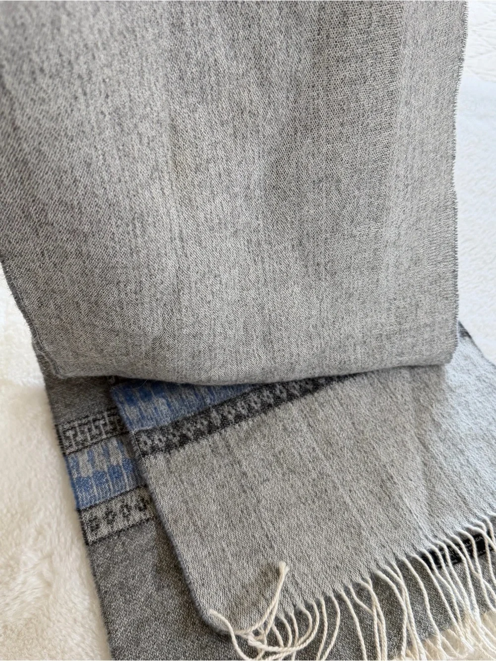 100% Baby Alpaca Scarf Gray Blue Geometric Fringe Peru Soft Luxury 64”